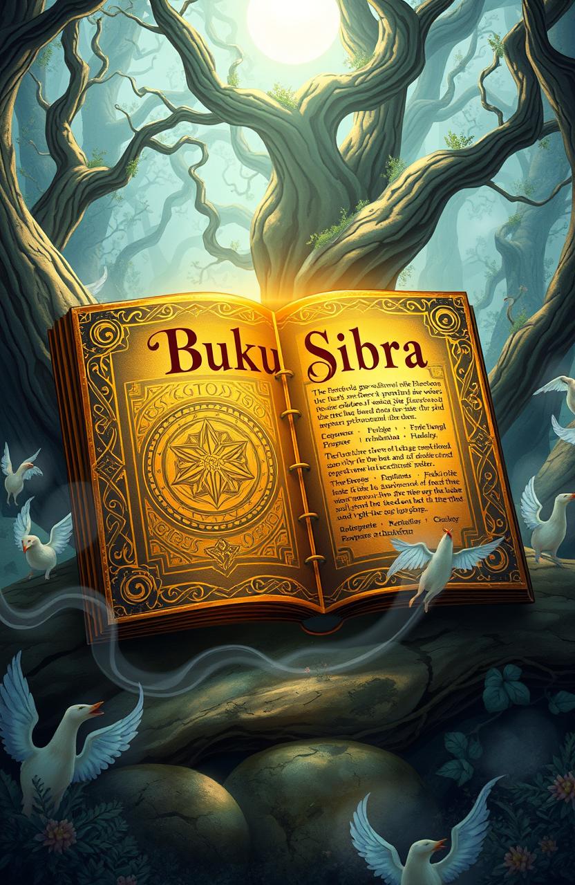 A detailed illustration of a mystical, ancient book titled 'Buku Sibra', adorned with intricate golden designs and magical runes