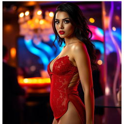 A stylish young woman wearing a sexy, form-fitting dress that accentuates her curves