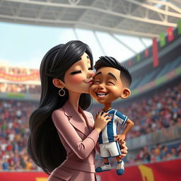 A playful and imaginative scene featuring a female character resembling a famous Iranian actress, sharing a light-hearted kiss with a cartoonish version of Kylian Mbappe, depicted as a small, whimsical character