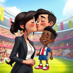 A playful and imaginative scene featuring a female character resembling a famous Iranian actress, sharing a light-hearted kiss with a cartoonish version of Kylian Mbappe, depicted as a small, whimsical character