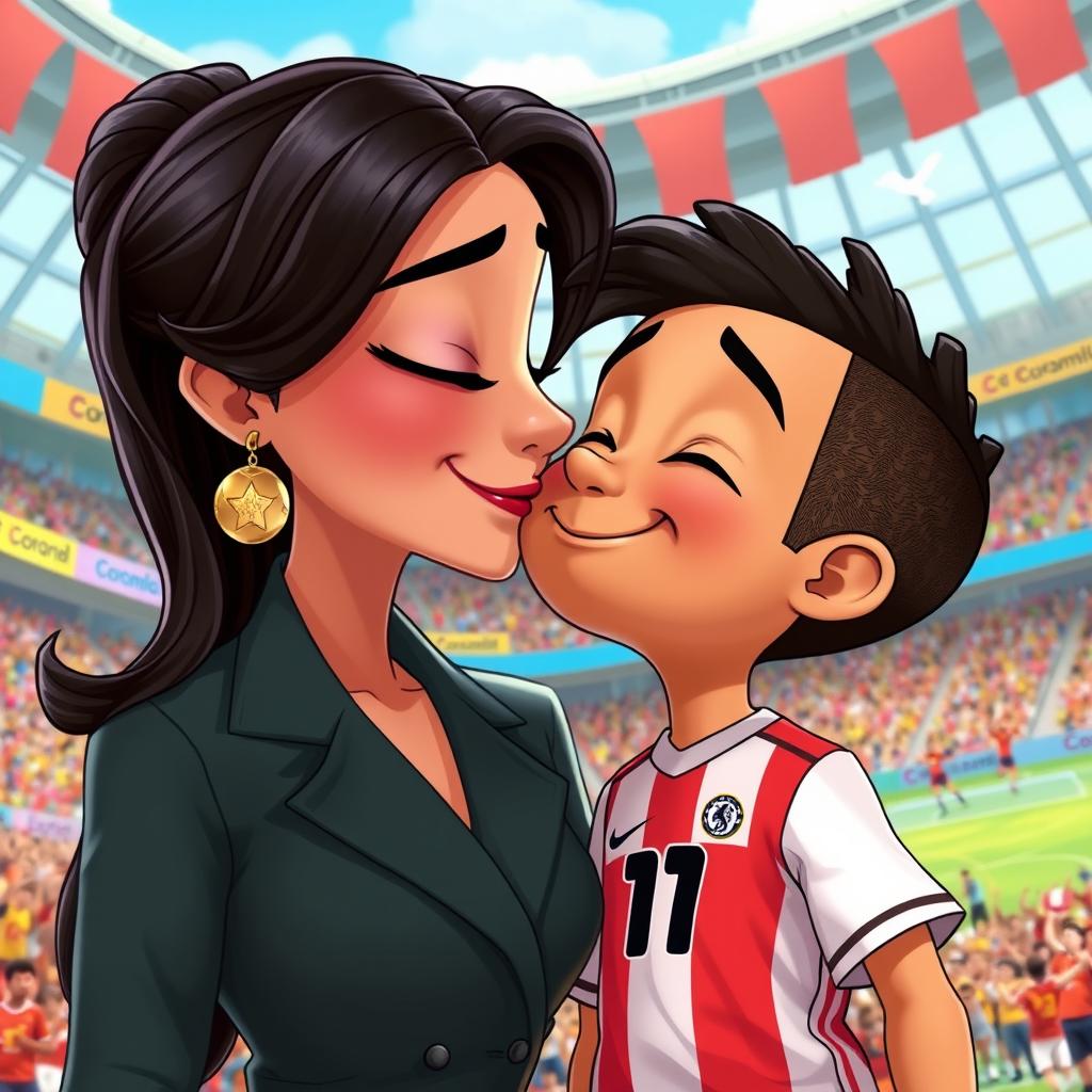 A playful and imaginative scene featuring a female character resembling a famous Iranian actress, sharing a light-hearted kiss with a cartoonish version of Kylian Mbappe, depicted as a small, whimsical character