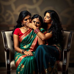 An alluring image depicting two hot Indian women, Lala and Lisa, both elegantly dressed in exquisite sarees while seated gracefully in stylish chairs