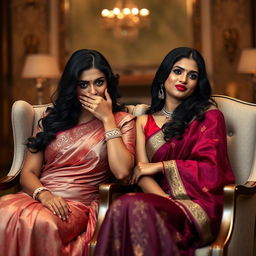An alluring image depicting two hot Indian women, Lala and Lisa, both elegantly dressed in exquisite sarees while seated gracefully in stylish chairs
