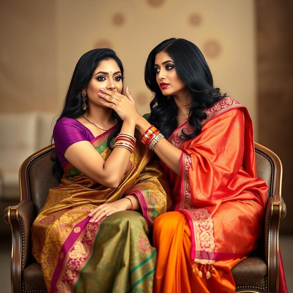 An alluring image depicting two hot Indian women, Lala and Lisa, both elegantly dressed in exquisite sarees while seated gracefully in stylish chairs
