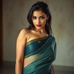 An alluring Indian woman in a beautifully draped wet saree, which is clinging to her curves