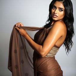 An alluring Indian woman in a beautifully draped wet saree, which is clinging to her curves