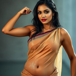An alluring Indian woman in a beautifully draped wet saree, which is clinging to her curves