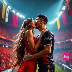 A fantastical scene of a beautiful woman with long flowing hair, passionately kissing a tall, athletic male soccer player