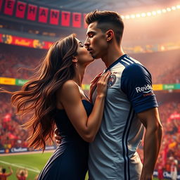 A fantastical scene of a beautiful woman with long flowing hair, passionately kissing a tall, athletic male soccer player