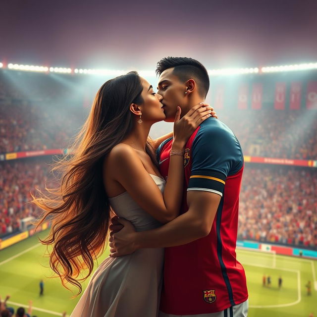 A fantastical scene of a beautiful woman with long flowing hair, passionately kissing a tall, athletic male soccer player