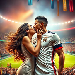 A fantastical scene of a beautiful woman with long flowing hair, passionately kissing a tall, athletic male soccer player