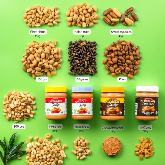 A visually appealing layout showcasing different types of nuts and peanut butter products in an organized manner