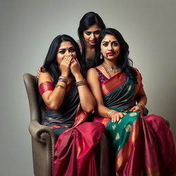 An enticing image featuring two hot Indian women, Lala and Lisa, both in elegant sarees, seated gracefully in a stylish chair