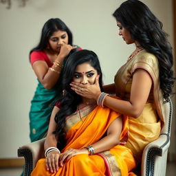 An enticing image featuring two hot Indian women, Lala and Lisa, both in elegant sarees, seated gracefully in a stylish chair