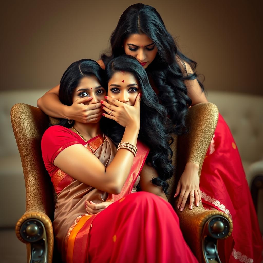 An enticing image featuring two hot Indian women, Lala and Lisa, both in elegant sarees, seated gracefully in a stylish chair
