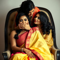 An enticing image featuring two hot Indian women, Lala and Lisa, both in elegant sarees, seated gracefully in a stylish chair