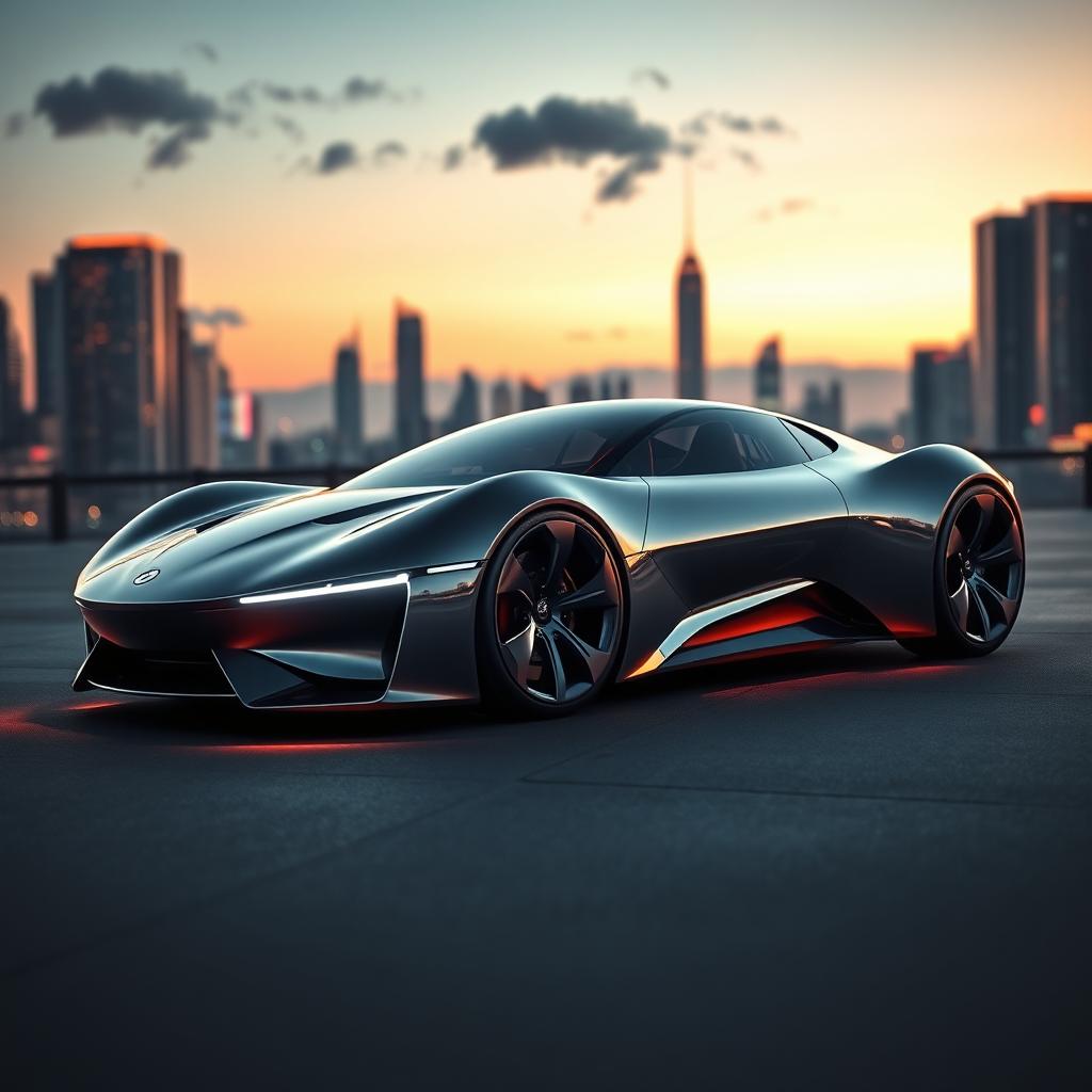 A sleek, futuristic car design with a streamlined body, glossy metallic finish, and aerodynamic shape