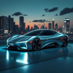 A sleek, futuristic car design with a streamlined body, glossy metallic finish, and aerodynamic shape