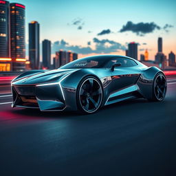 A sleek, futuristic car design with a streamlined body, glossy metallic finish, and aerodynamic shape