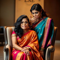 An intriguing image of two hot Indian women, Lala and Lisa, both adorned in beautiful sarees while seated elegantly in a stylish chair