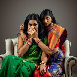 An intriguing image of two hot Indian women, Lala and Lisa, both adorned in beautiful sarees while seated elegantly in a stylish chair
