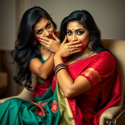 An intriguing image of two hot Indian women, Lala and Lisa, both adorned in beautiful sarees while seated elegantly in a stylish chair