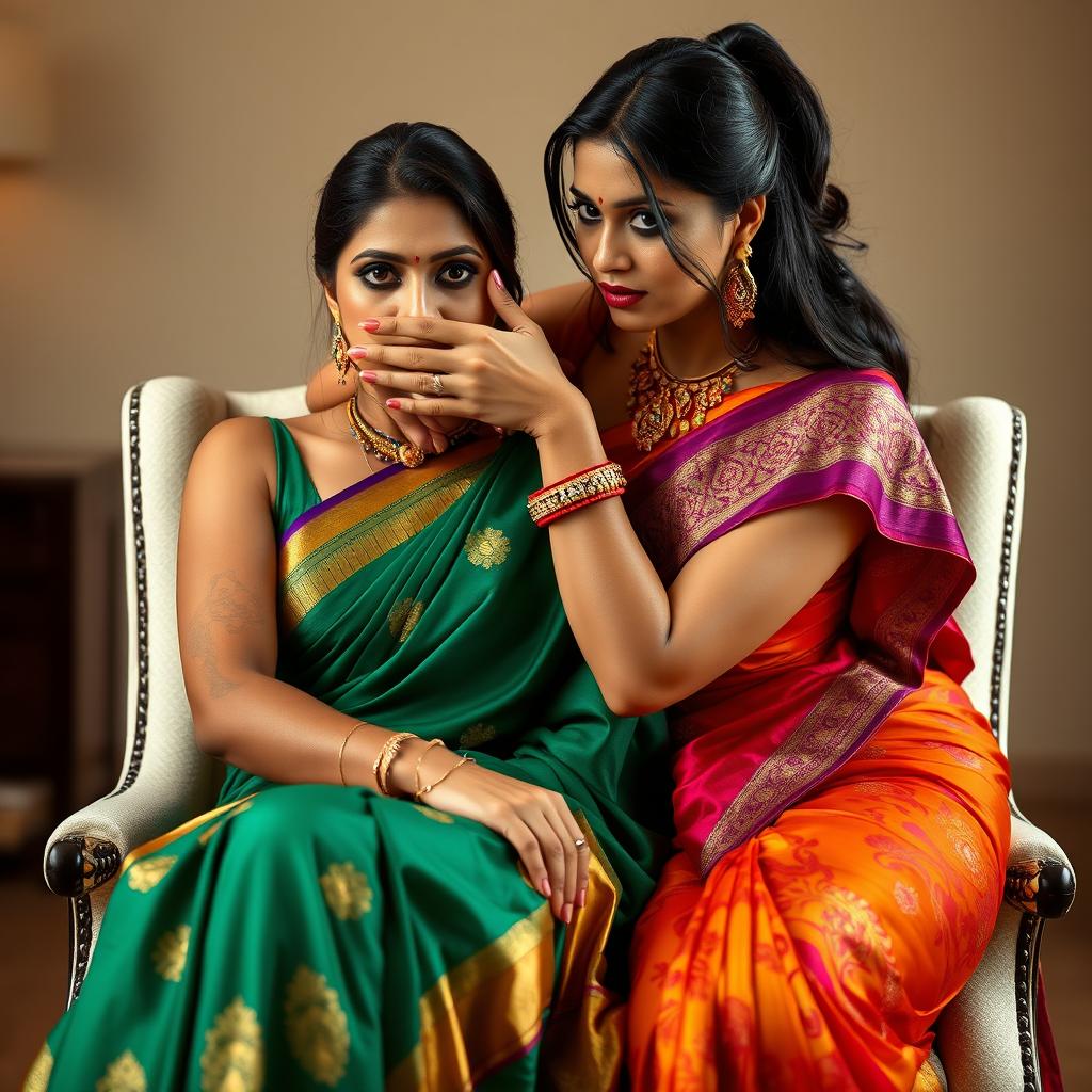 An intriguing image of two hot Indian women, Lala and Lisa, both adorned in beautiful sarees while seated elegantly in a stylish chair