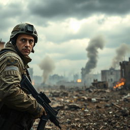 A dramatic war zone scene depicting the feeling of surprise and urgency in survival mode