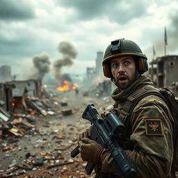 A dramatic war zone scene depicting the feeling of surprise and urgency in survival mode