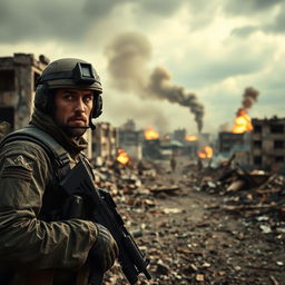 A dramatic war zone scene depicting the feeling of surprise and urgency in survival mode