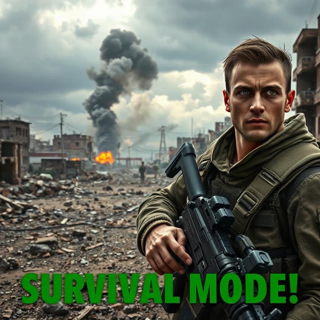 A dramatic war zone scene depicting the feeling of surprise and urgency in survival mode