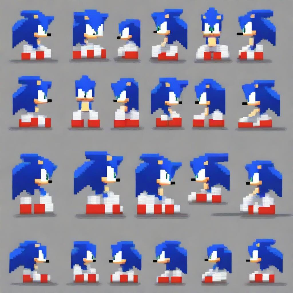 A comprehensive pixel art sprite sheet of Sonic the Hedgehog, designed in the distinctive style of the game Friday Night Funkin'