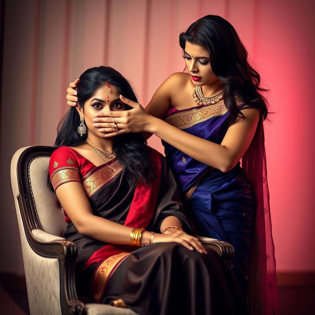 An intense image featuring two hot Indian women, Lala and Lisa, dressed in stunning sarees, with Lala sitting gracefully in a stylish chair