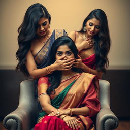 An intense image featuring two hot Indian women, Lala and Lisa, dressed in stunning sarees, with Lala sitting gracefully in a stylish chair