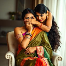 An intense image featuring two hot Indian women, Lala and Lisa, dressed in stunning sarees, with Lala sitting gracefully in a stylish chair