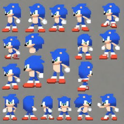 A comprehensive pixel art sprite sheet of Sonic the Hedgehog, designed in the distinctive style of the game Friday Night Funkin'