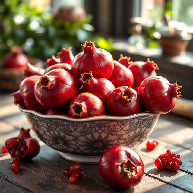 A beautifully arranged bowl filled with ripe, red pomegranates, showcasing their shiny and textured skin