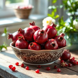 A beautifully arranged bowl filled with ripe, red pomegranates, showcasing their shiny and textured skin