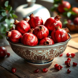 A beautifully arranged bowl filled with ripe, red pomegranates, showcasing their shiny and textured skin