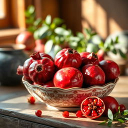 A beautifully arranged bowl filled with ripe, red pomegranates, showcasing their shiny and textured skin