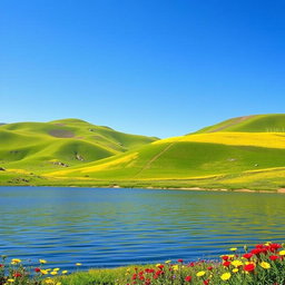 Create an image of a tranquil landscape featuring rolling hills and a bright blue sky