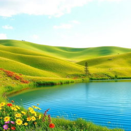 Create an image of a tranquil landscape featuring rolling hills and a bright blue sky