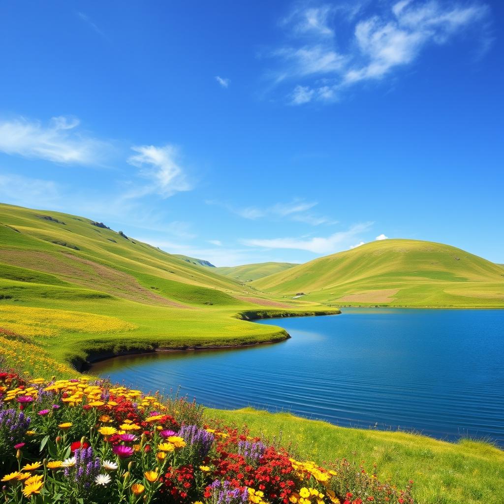 Create an image of a tranquil landscape featuring rolling hills and a bright blue sky