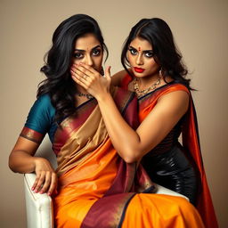 An exciting image featuring two hot Indian women, Lala and Lisa, both in beautiful sarees while Lala is seated elegantly in a chic chair