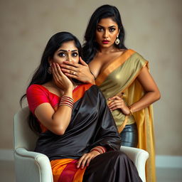 An exciting image featuring two hot Indian women, Lala and Lisa, both in beautiful sarees while Lala is seated elegantly in a chic chair