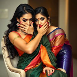 An exciting image featuring two hot Indian women, Lala and Lisa, both in beautiful sarees while Lala is seated elegantly in a chic chair