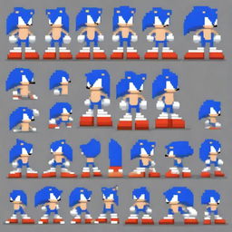 A comprehensive pixel art sprite sheet of Sonic the Hedgehog, designed in the distinctive style of the game Friday Night Funkin'