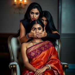 An alluring image featuring two hot Indian women, Lala and Lisa, where Lala is gracefully seated in an elegant chair, draped in a stunning saree that showcases intricate patterns and vibrant colors