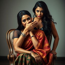 An alluring image featuring two hot Indian women, Lala and Lisa, where Lala is gracefully seated in an elegant chair, draped in a stunning saree that showcases intricate patterns and vibrant colors