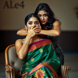 An alluring image featuring two hot Indian women, Lala and Lisa, where Lala is gracefully seated in an elegant chair, draped in a stunning saree that showcases intricate patterns and vibrant colors